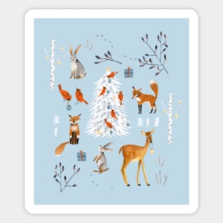 Cute woodland animals winter snow tree Magnet